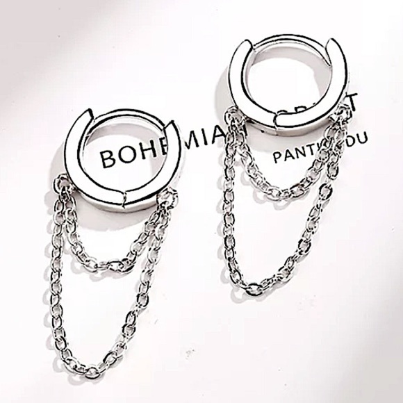 STERLING SILVER HOOP CHAIN DROP MINIMALIST EARRINGS - Picture 4 of 5